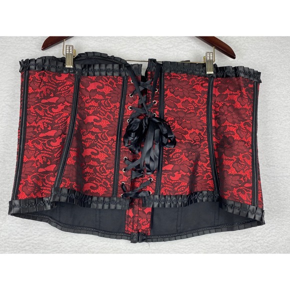 Red Black Floral Lace Boned Corset Top Gothic Steampunk Lace Up Back XL-2XL - Picture 2 of 12